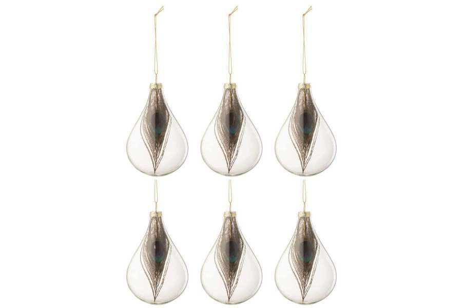 BOX OF 6 CHRISTMAS BAUBLES DROP PEACOCK FEATHER GLASS TRANSPARENT SMALL