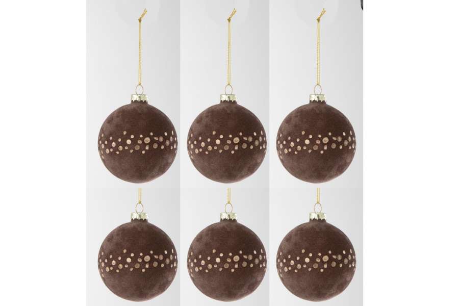 BOX OF 6 CHRISTMAS BAUBLE DOTS VELVET BROWN/GOLD