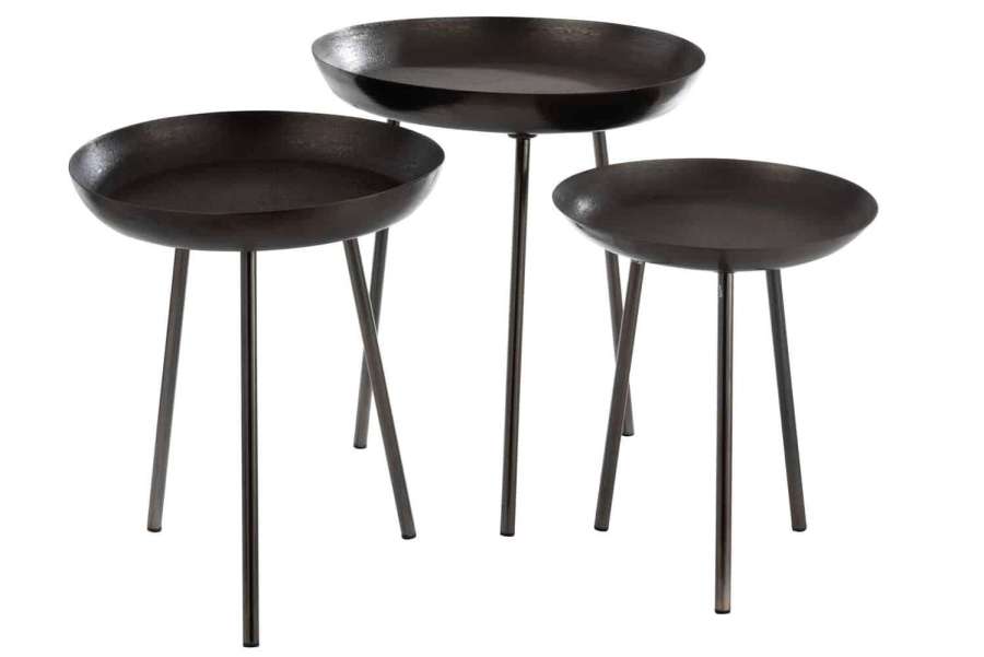 SET OF 3 SIDETABLES TRAY ROUND METAL MATTE DARK GREY