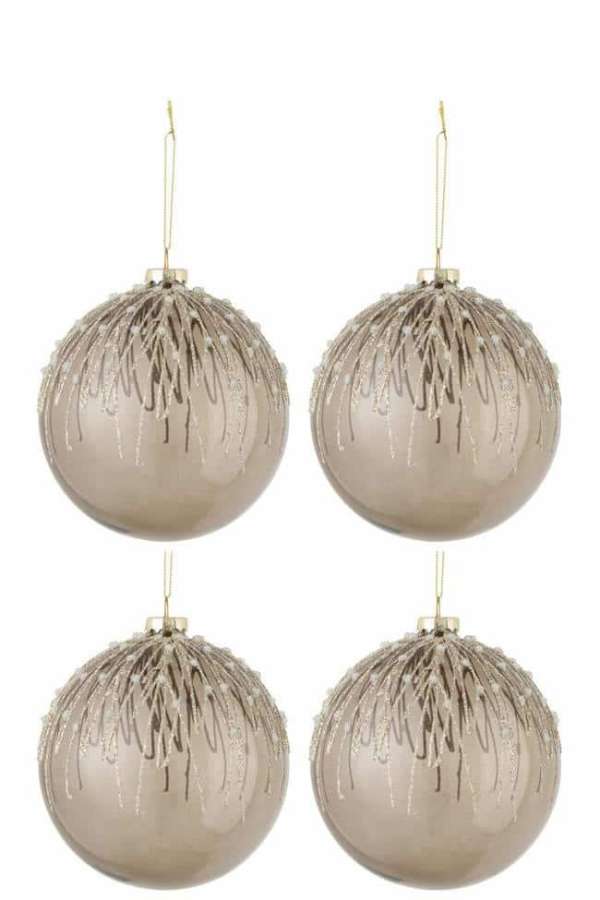 BOX OF 4 CHRISTMAS BAUBLES PEARLS GLITTER GLASS GREY LARGE