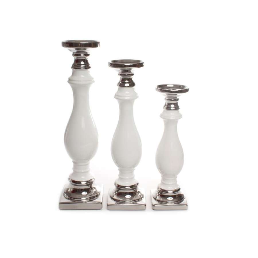 Lysestake til kubbelys/Kronelys - hvit/sølv -11X39cm