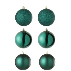 BOX OF 6 CHRISTMAS BAUBLE PLASTIC DARK GREEN