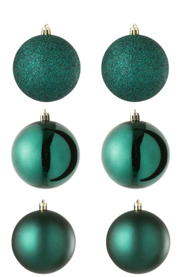 BOX OF 6 CHRISTMAS BAUBLE PLASTIC DARK GREEN