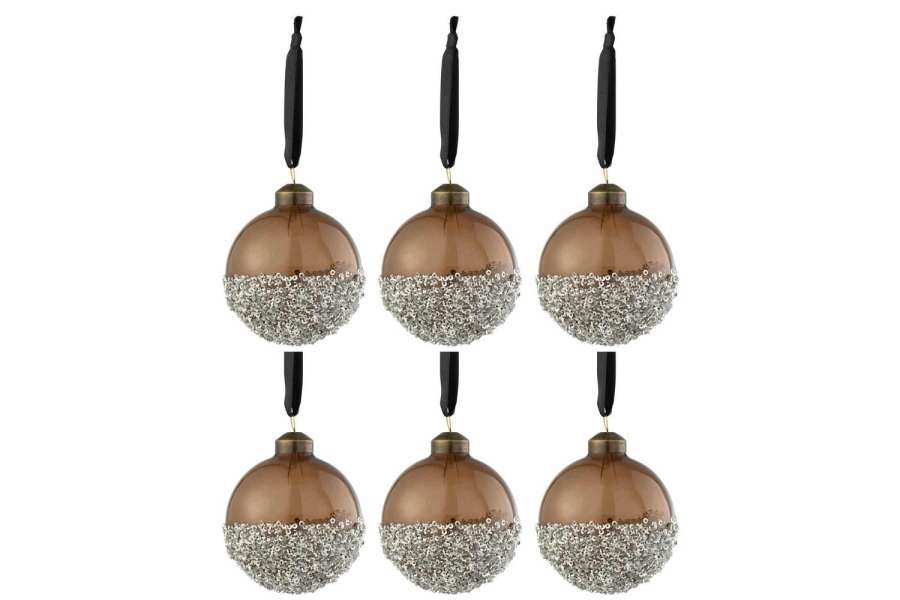 BOX OF 6 CHRISTMAS BAUBLES PEARLS SILVER GLASS BROWN SMALL