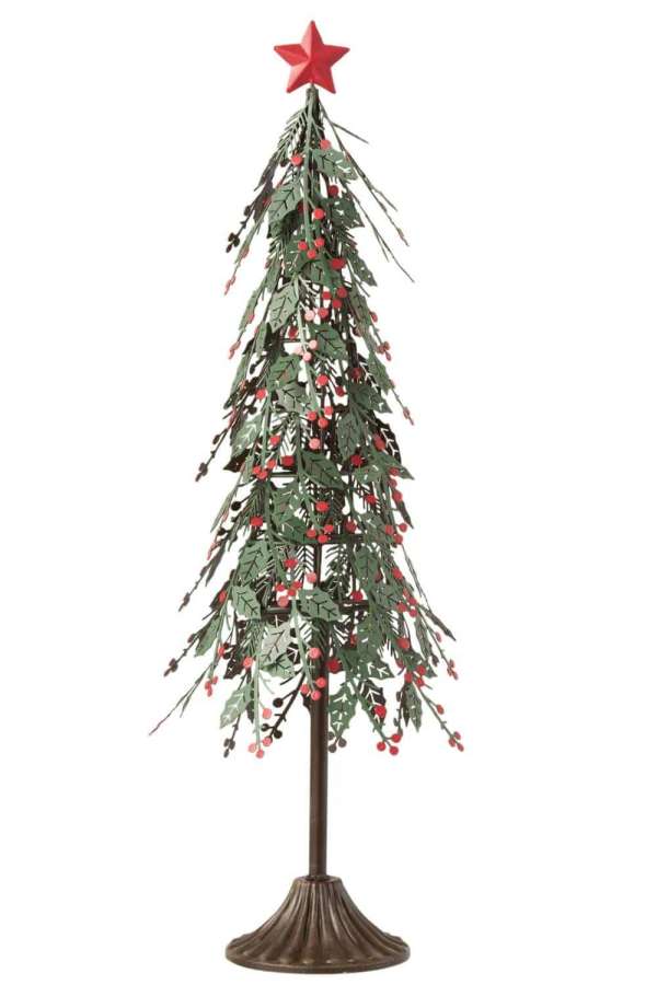 CHRISTMAS TREE ON FOOT LEAVES METAL GREEN/RED LARGE