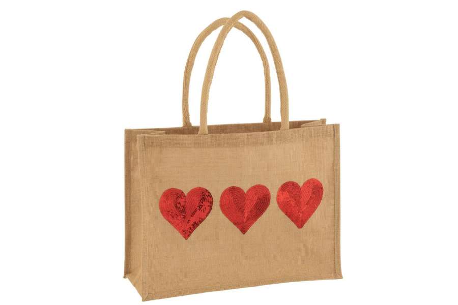 BAG 3 HEARTS SEQUIN JUTE NATURAL/RED