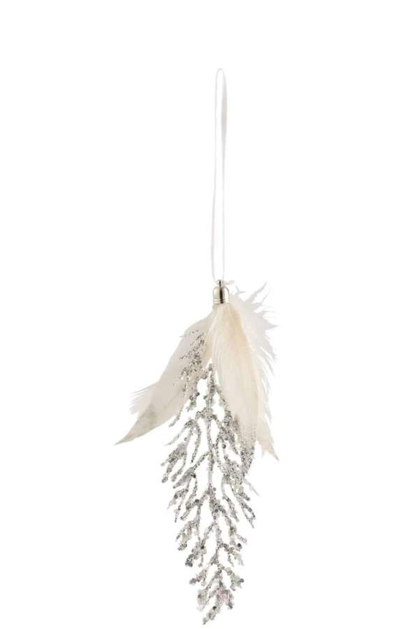 HANGER FEATHERS+STONE GLITTER SILVER/WHITE