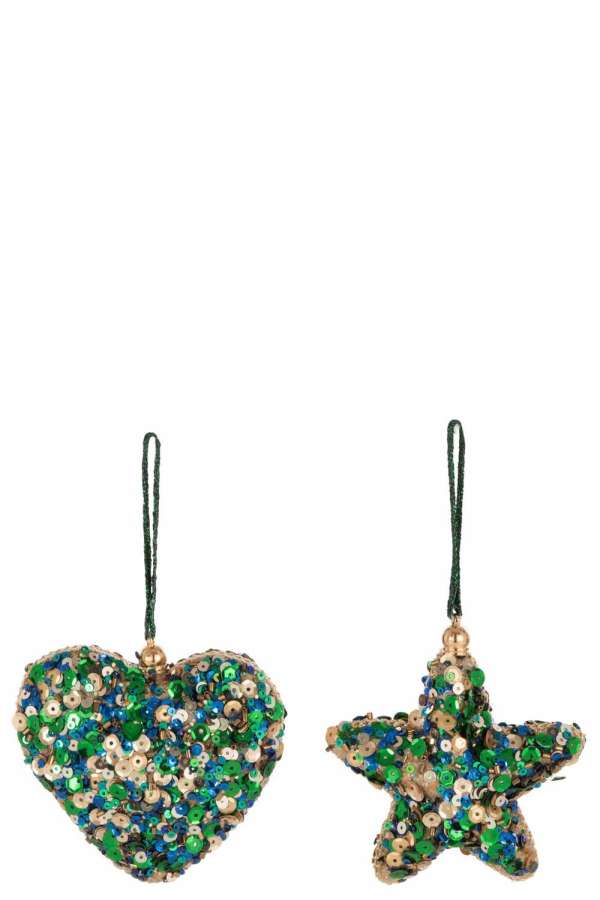 HANGER HEART/STAR SEQUINS GREEN BLUE/GOLD ASSORTMENT OF 2