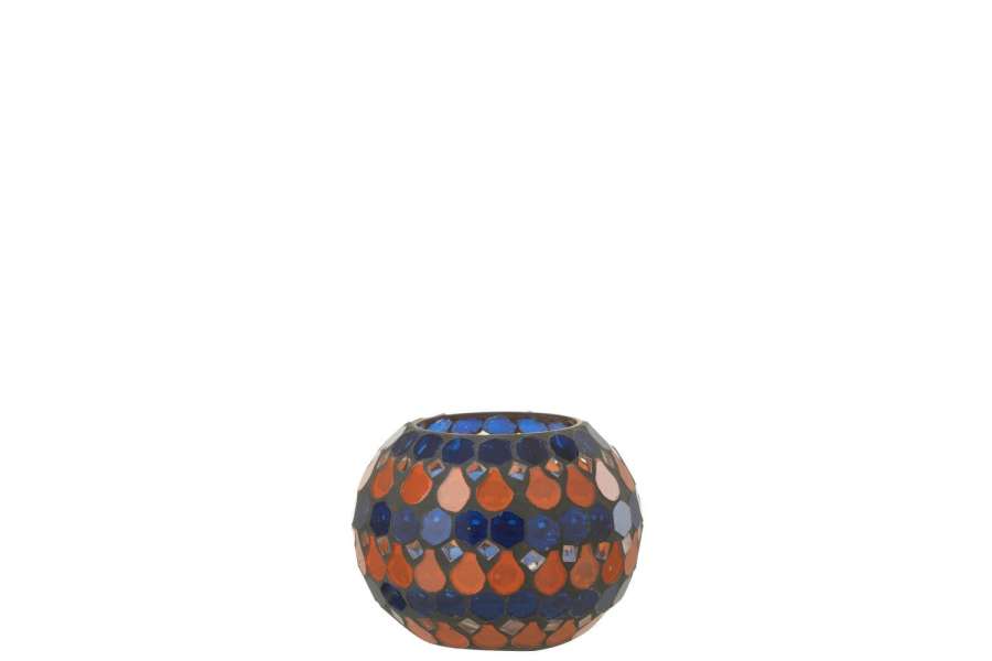 TEALIGHT HOLDER MOSAIC DROP GLASS ORANGE/BLUE SMALL