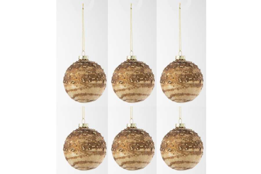 BOX OF 6 CHRISTMAS BAUBLE LINES SEQUINS GLASS BROWN