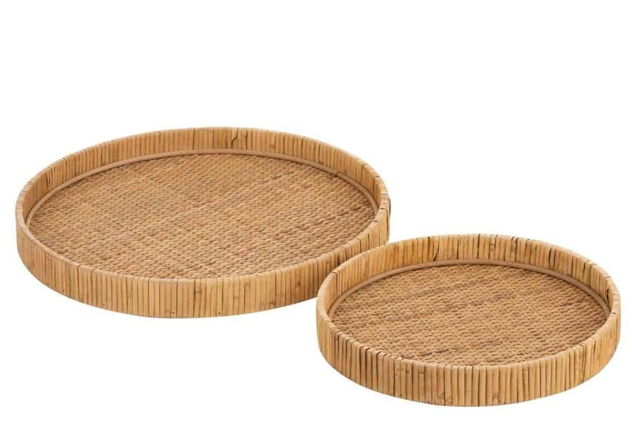 SET OF 2 TRAYS ROUND RATTAN NATURAL
