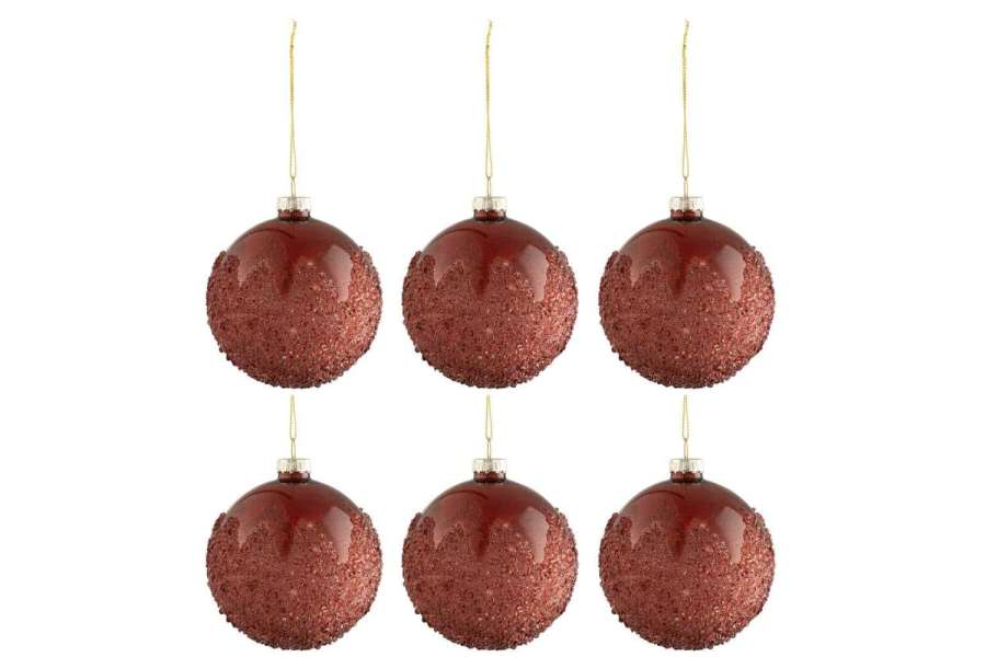 BOX OF 6 CHRISTMAS BAUBLES SUGAR GLASS MATTE BURGUNDY SMALL
