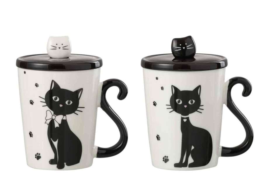 MUG PRINT CAT + LID + SPOON PORCELAIN WHITE / BLACK ASSORTMENT OF 2