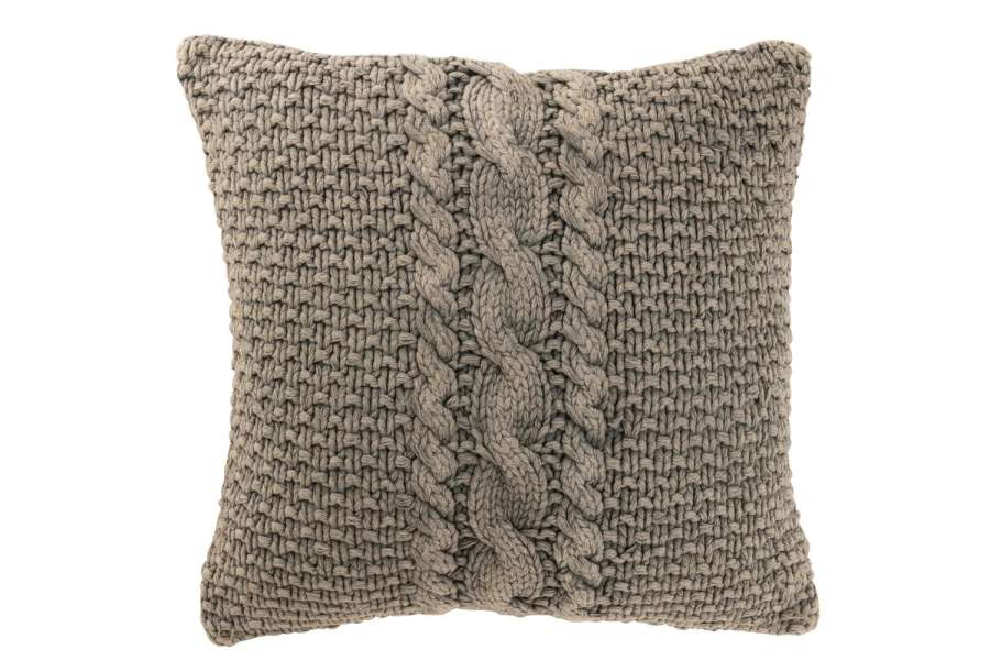 CUSHION KNITTED+BRAID COTTON WASHED GREY