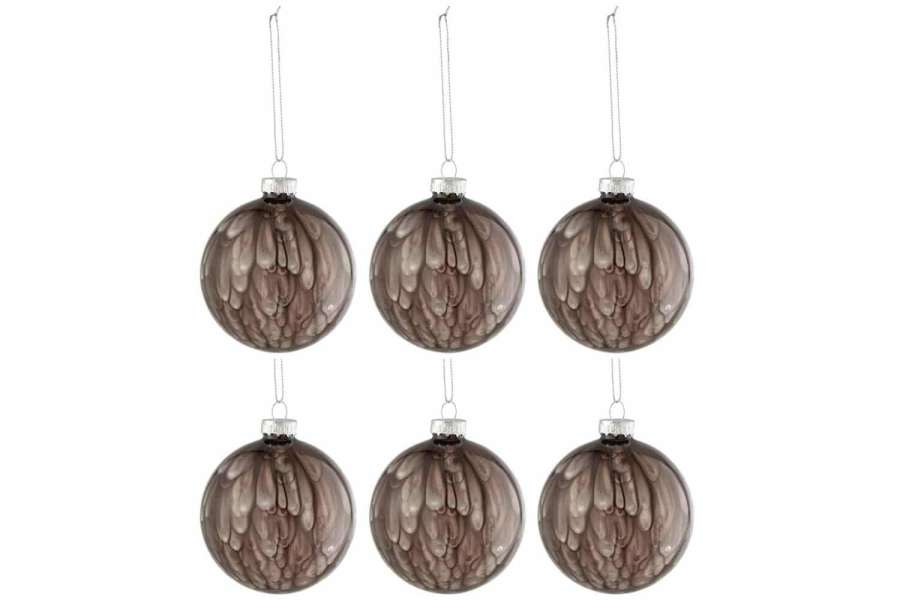 BOX OF 6 CHRISTMAS BAUBLES SPOTTED GLASS SHINY DARK GREY SMALL