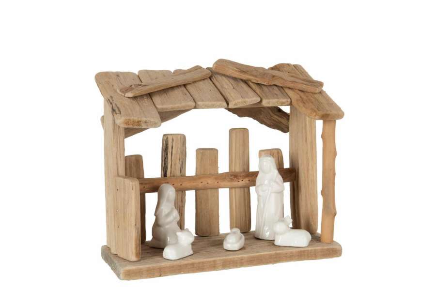 NATIVITY SCENE FLAT ROOF WOOD/CERAMIC NATURAL/WHITE