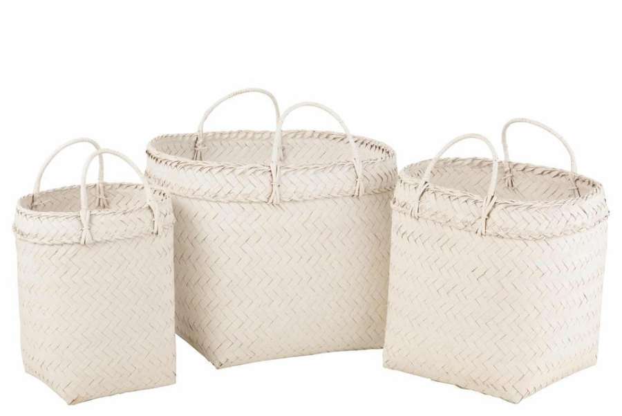 SET OF 3 BASKETS SQUARE RATTAN WHITE