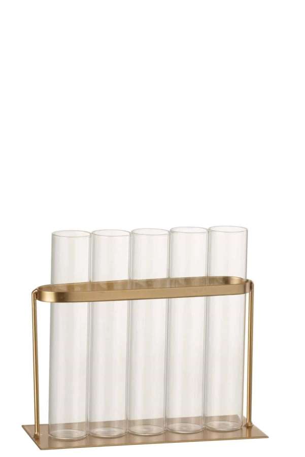 VASE 5 TUBES METAL/GLASS GOLD