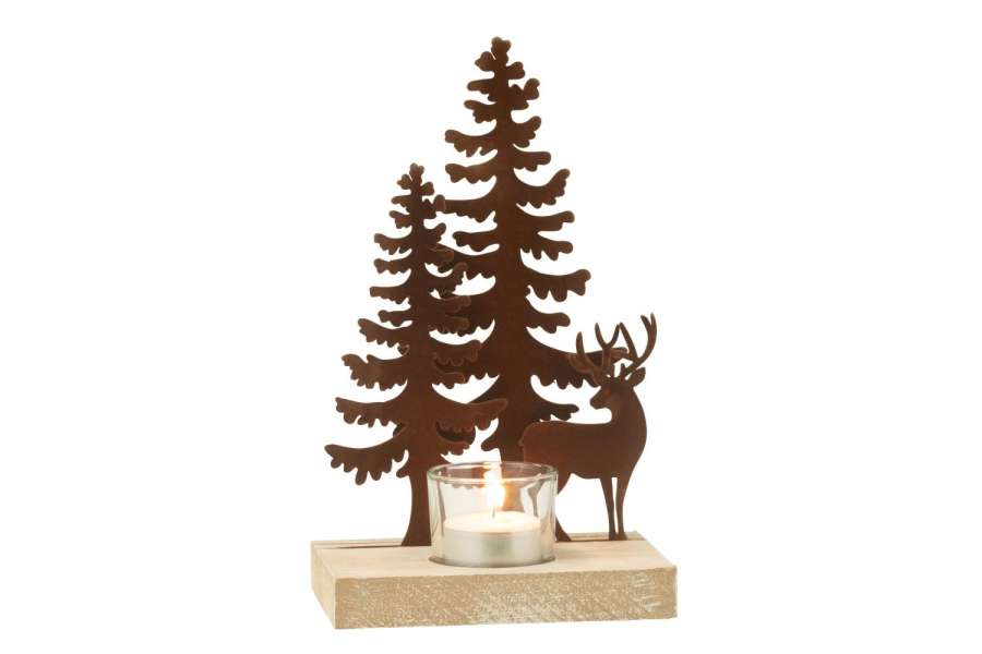 TEALIGHT HOLDER 1 PIECE REINDEERS/TREES METAL/WOOD BROWN