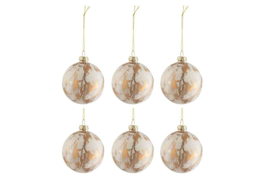 BOX OF 6 CHRISTMAS BAUBLES MARBLE LOOK GLASS WHITE/GOLD SMALL