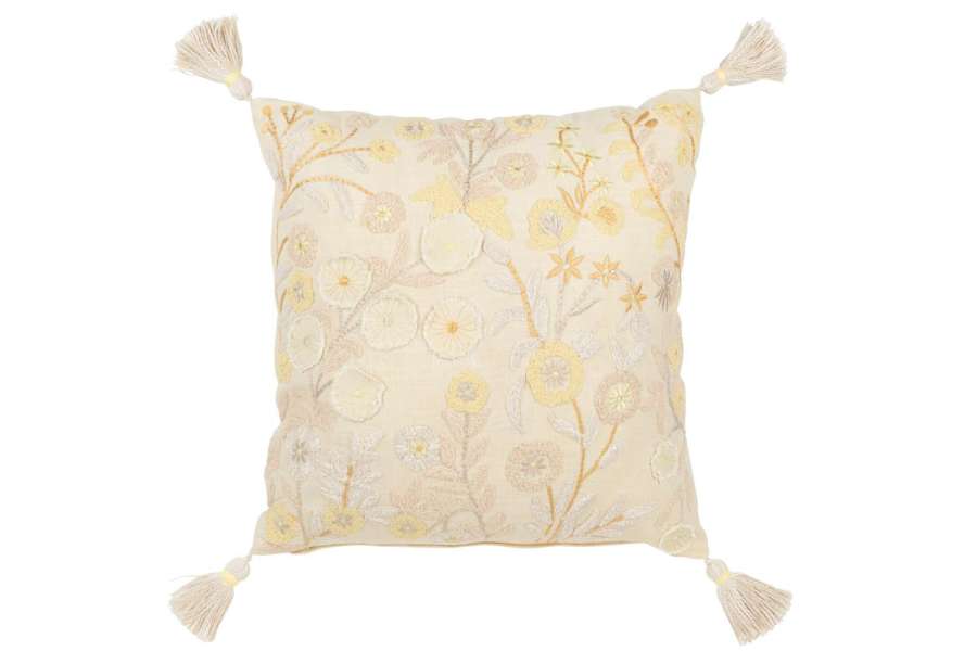 CUSHION SQUARE FLOWERS/TASSELS COTTON LIGHT YELLOW