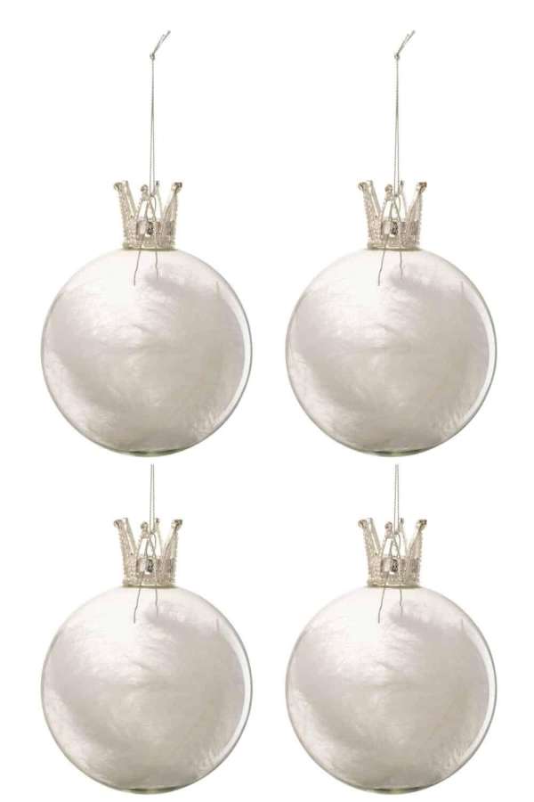 BOX OF 4 CHRISTMAS BAUBLES CROWN FEATHER WHITE GLASS CLEAR MEDIUM