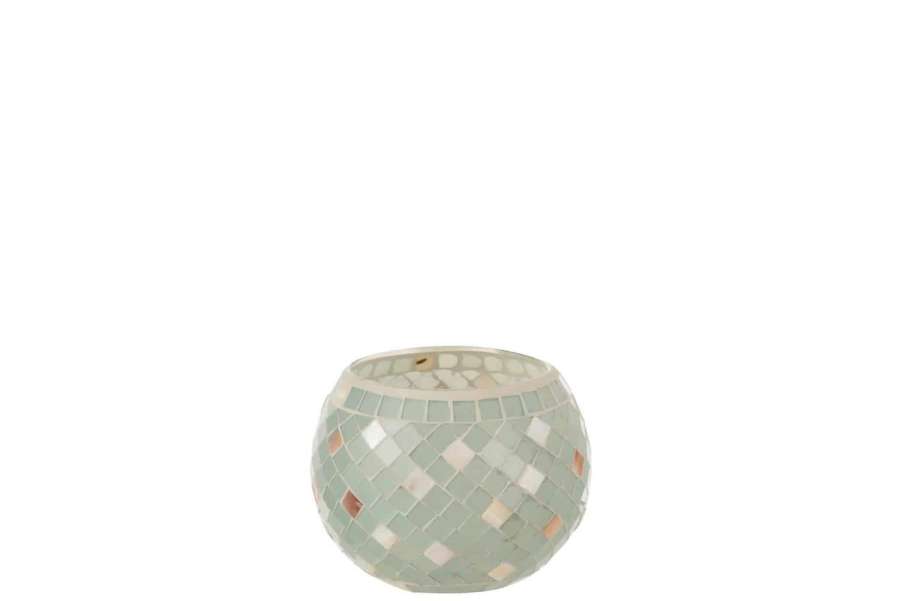TEALIGHT HOLDER MOSAIC ROUND GLASS GREY/PEARL