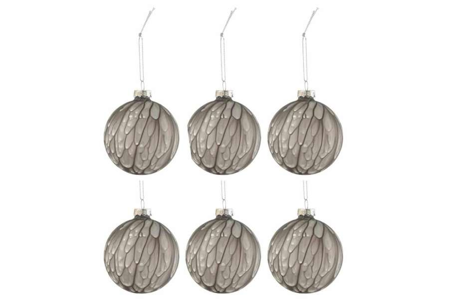 BOX OF 6 CHRISTMAS BAUBLES SPOTTED GLASS MATTE GREY SMALL