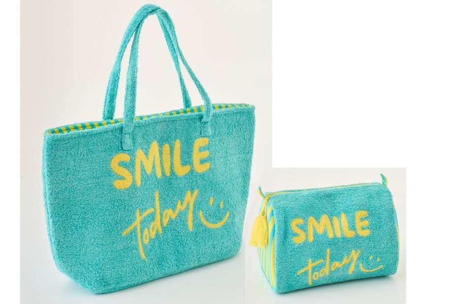 SET OF 2 BEACH BAG SMILE COTTON TURQUOISE/YELLOW