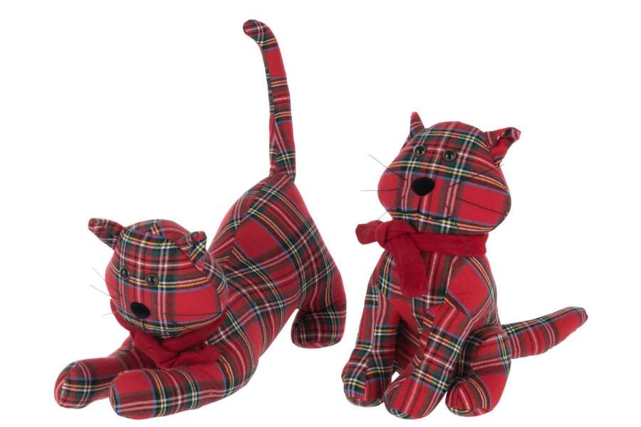 DOORSTOP CAT CHECKERED POLYESTER CHRISTMAS RED/DARK GREEN ASSORTMENT OF 2
