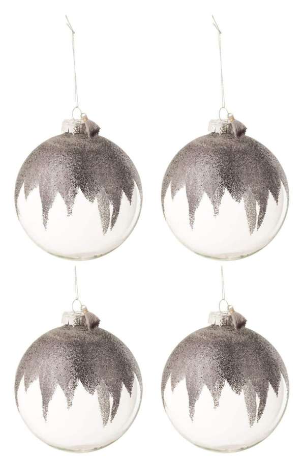 BOX OF 4 CHRISTMAS BAUBLES GLITTER MINI TASSEL GREY GLASS TRANSPARENT LARGE