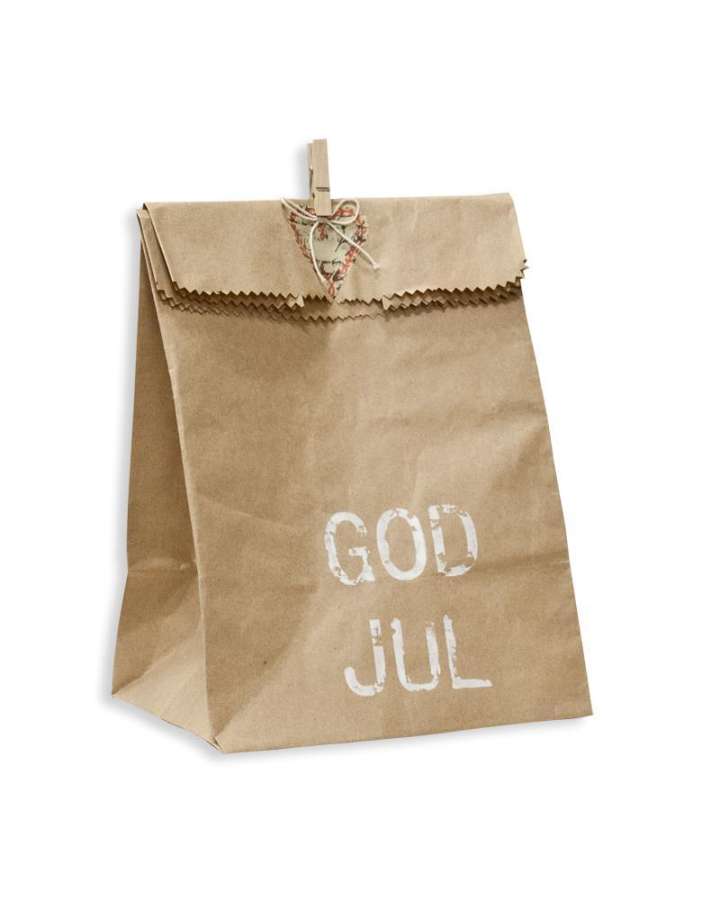 Pakke - pose- brun/hvit - “God Jul” - 18X23cm