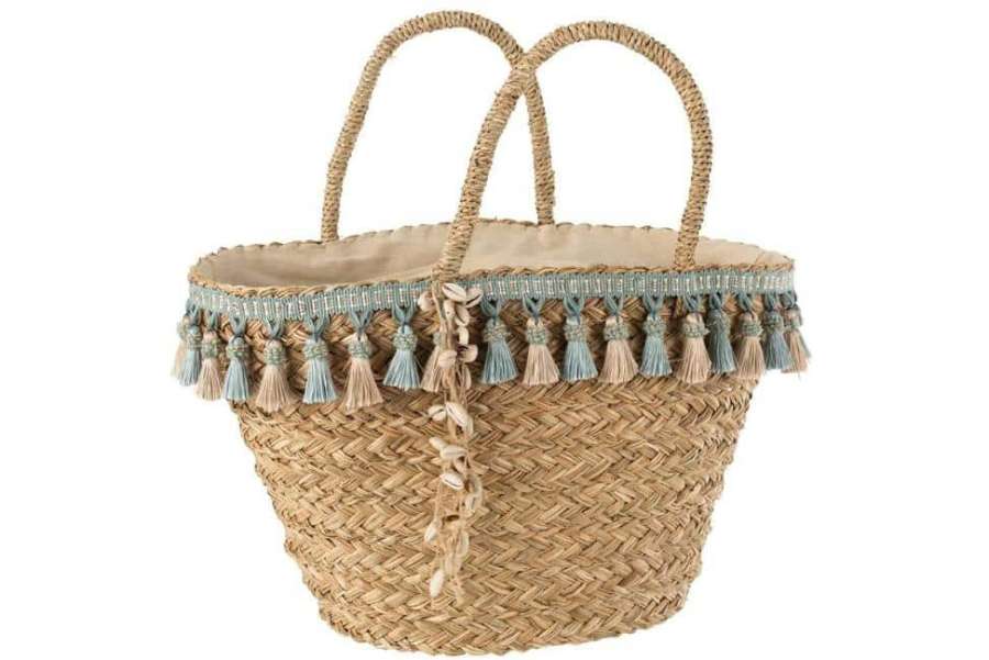 BEACH BAG TASSELS BLUE/BEIGE REED NATURAL