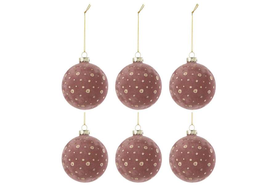 BOX OF 6 CHRISTMAS BAUBLE DOTS VELVET LIGHT PINK/GOLD