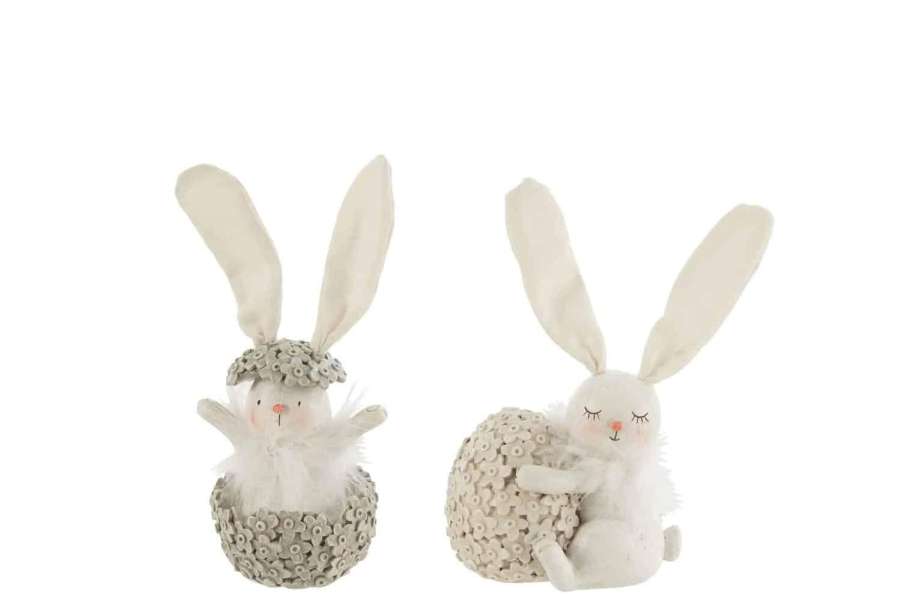 RABBIT WITH EGG POLY WHITE/GREY LARGE ASSORTMENT OF 2