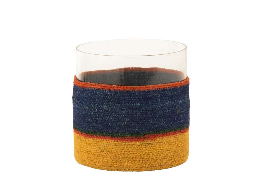 TEA LIGHT HOLDER ROUND+STRIPES GLASS/SEAGRASS DARK BLUE/YELLOW