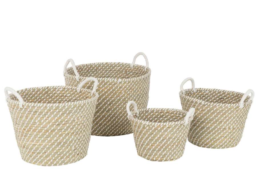 SET OF 4 BASKET ROUND HANDLES STRAW NATURAL/WHITE