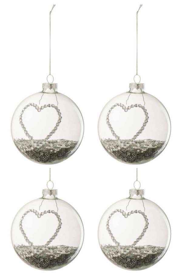 BOX OF 4 CHRISTMAS BAUBLES HEART STRASS SILVER STARS GLASS CLEAR MEDIUM