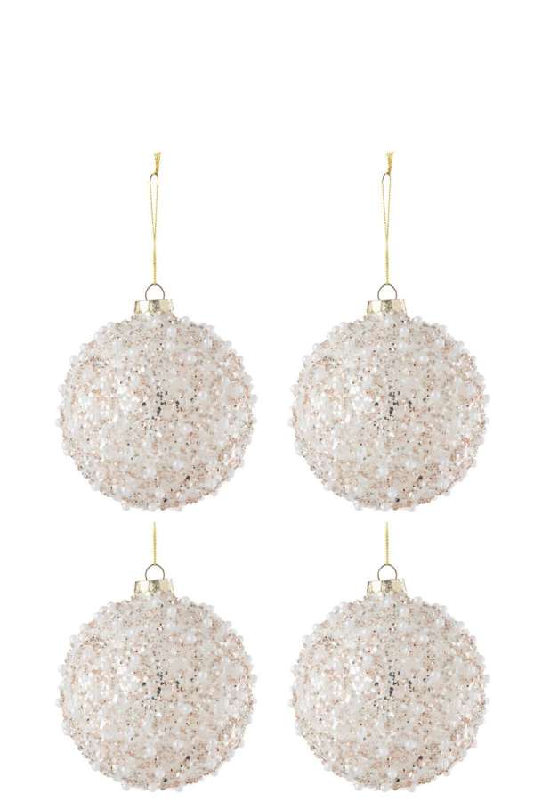 BOX OF 4 CHRISTMAS BAUBLE PEARLS+SEQUINS GLASS WHITE