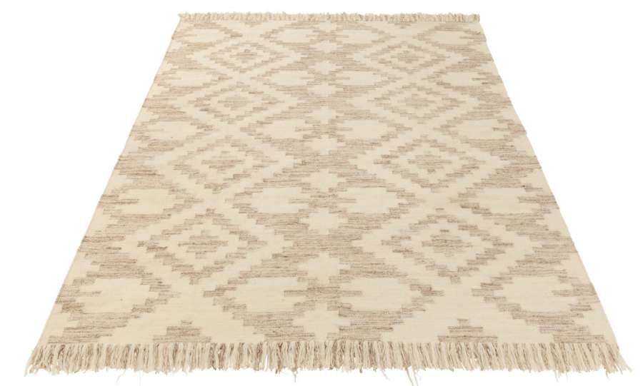 RUG ETHNIC PATTERNS+FRINGES WOOL/COTTON CREAM/BEIGE