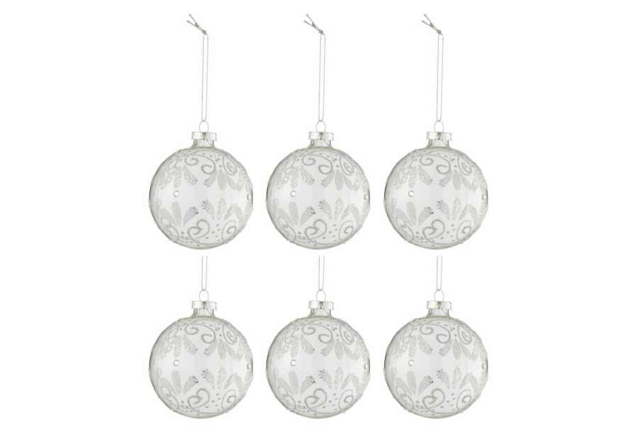 BOX OF 6 CHRISTMAS BAUBLES CURLS GLITTER SILVER GLASS TRANSPARENT SMALL