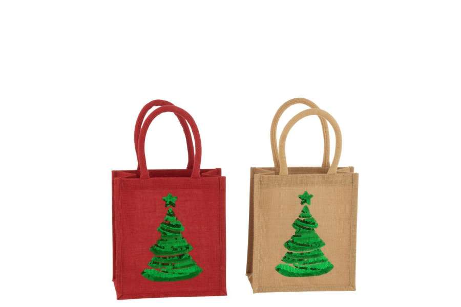 BAG CHRISTMAS TREE SEQUIN JUTE NATURAL/RED ASSORTMENT OF 2