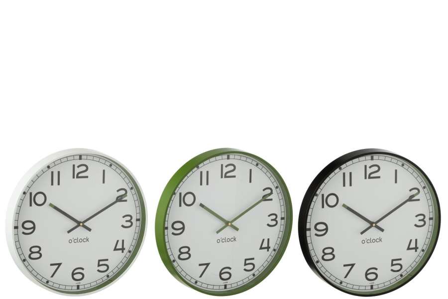 WALL CLOCK ROUND PLASTIC GREEN/WHITE/BLACK LARGE ASSORTMENT OF 3