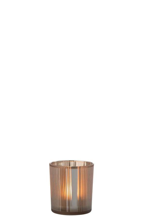 TEALICHT HOLDER STRIPES GLASS MAT BROWN/WHITE SMALL