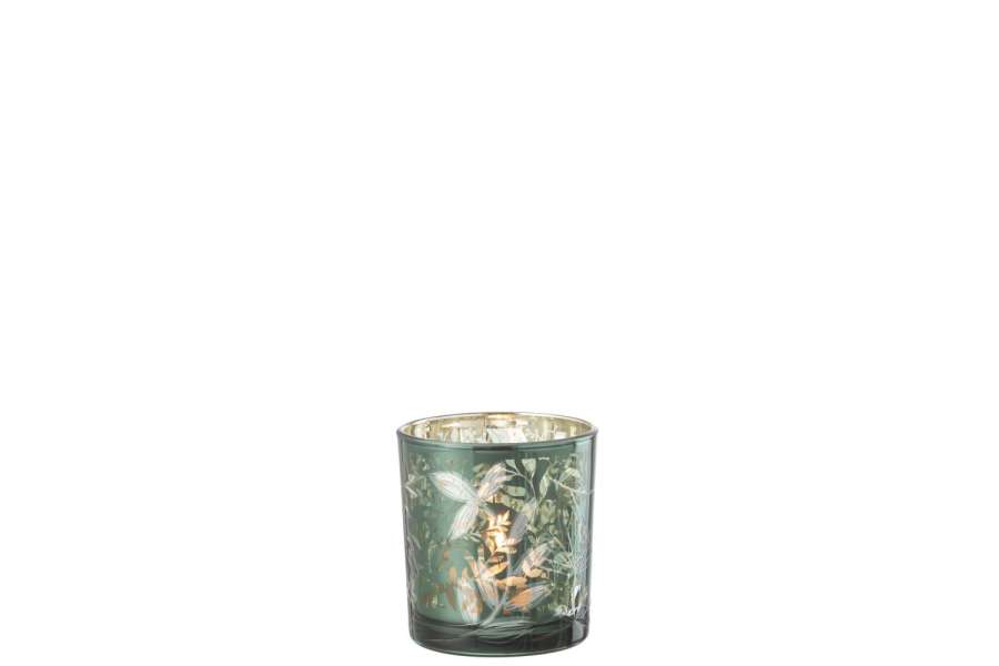 TEALICHT HOLDER LEAVES GLASS GREEN/ANTIQUE GOLD SMALL
