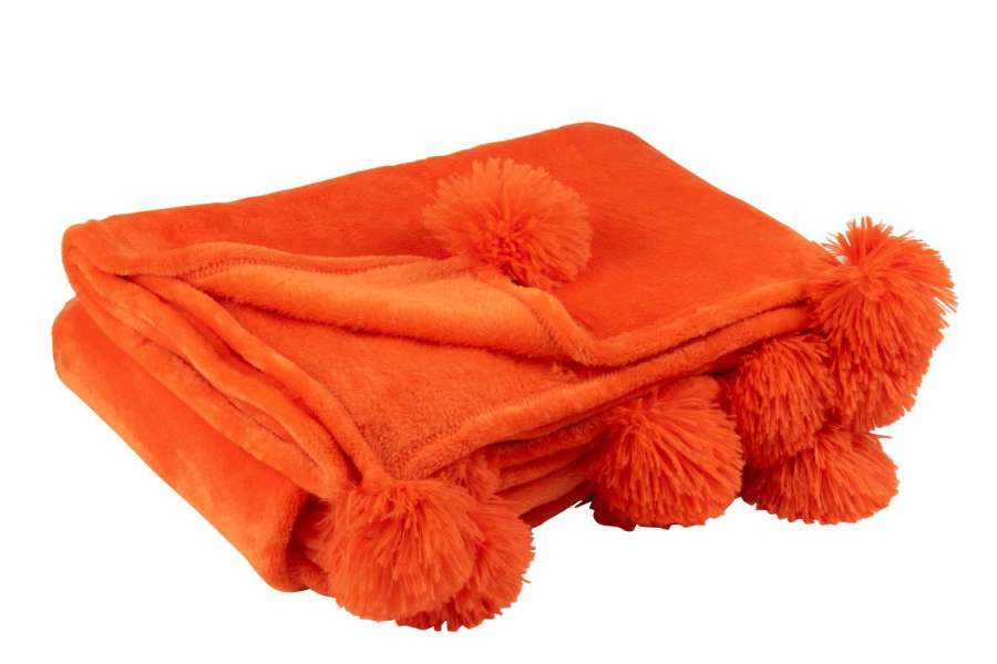 PLAID POMPOM POLYESTER BRIGHT ORANGE