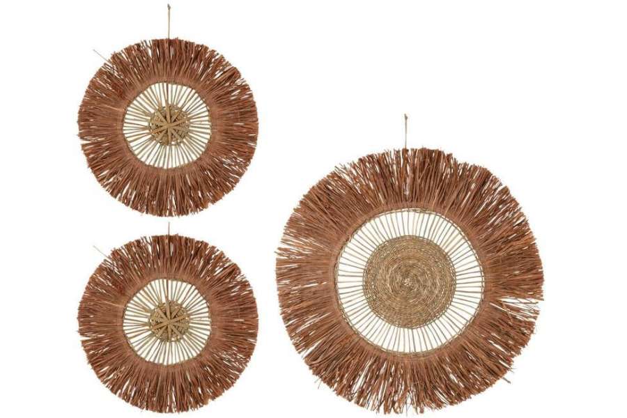 SET OF 3 WALL DECORATION ROUND REED RAFFIA BROWN