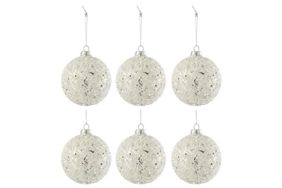 BOX OF 6 CHRISTMAS BAUBLES PEARLS+GLITTER GLASS SILVER/WHITE SMALL