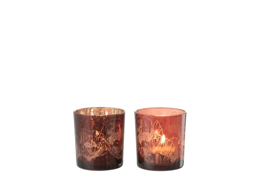 TEALICHT HOLDER FLOWERS GLASS BORDEAUX/ANTIQUE BORDEAUX SMALL ASSORTMENT OF 2