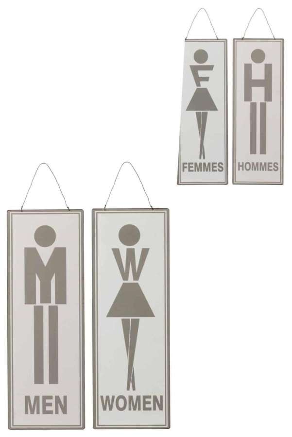 PLACARD TOILET ENGLISH/FRENCH METAL WHITE/GREY ASSORTMENT OF 2